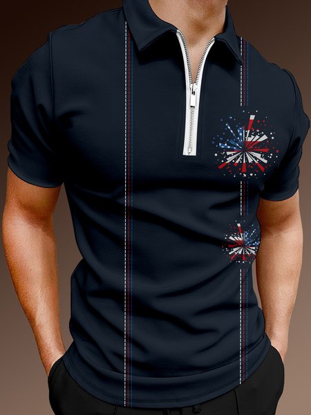 

Casual Festive Collection Geometric Striped American Flag Pattern Lapel Short Sleeve Polo Print Top, Purplish blue, Men's t-shirts