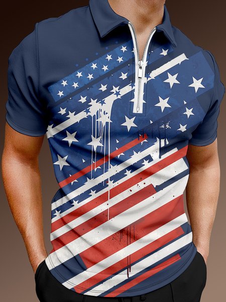 

Casual Festive Collection Geometric Stripes Color Block American Flag Pattern Lapel Short Sleeve Polo Print Top, Deep blue, Men's t-shirts
