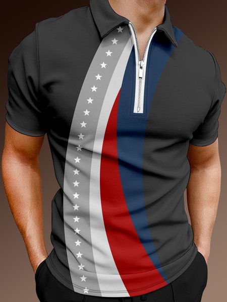 

Casual Festive Collection Geometric Stripes Color Block American Flag Stars Pattern Lapel Short Sleeve Polo Print Top, Deep gray, Polos