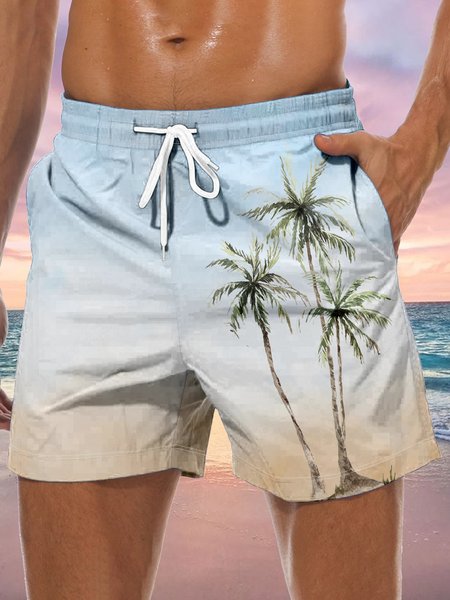

Men's Coconut Tree Element Graphic Print Casual Vacation Beach Shorts, Blue, Men's shorts