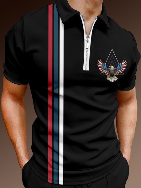 

Casual Festive Collection Geometric Striped Color Block American Flag Eagle Element Pattern Lapel Short Sleeve Polo Print Top, Black, Polos