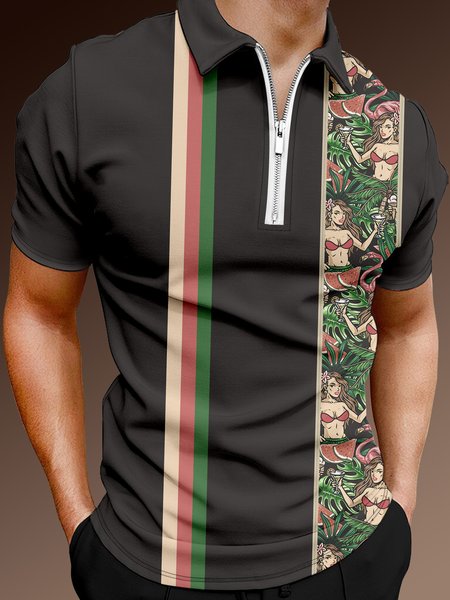 

Holiday Style Hawaiian Series Striped Geometric Plant Leaves Hula Dance Beauty Element Pattern Lapel Short-Sleeved Polo Print Top, Deep gray, Men's t-shirts