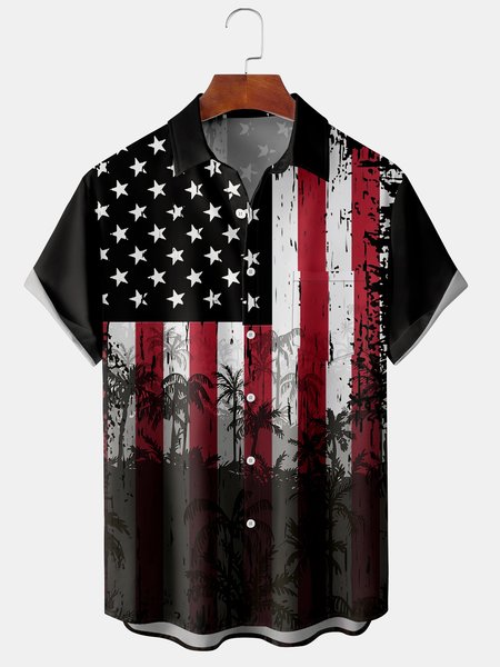 

Casual Festive Collection Gradient American Flag Pattern Lapel Short Sleeve Chest Pocket Shirt Print Top, Black, Men's Floral shirt