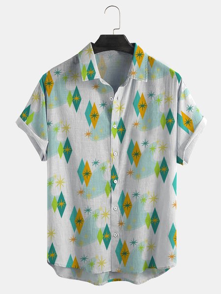 

Cotton Linen Geometric Print Casual Short Sleeve Shirt, As picture, Men's Floral shirt