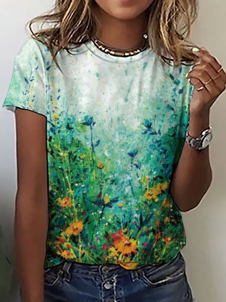 Women's Casual Abstract Floral Print Crew Neck T-Shirt, Green, T-shirts