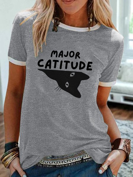 

Lilicloth x Kat8lyst Major Catitude Women's Casual T-Shirt, Gray, T-shirts