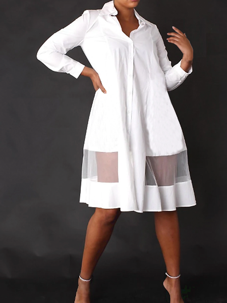 

Summer A-Line Shawl Collar Loose Elegant Long sleeve Dresses, White, Midi Dresses
