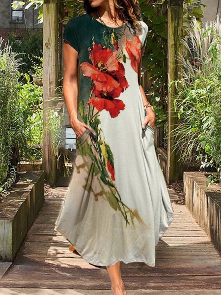 

Floral Design Short Sleeve Crew Neck Knit Maxi Dress, Red, Dresses