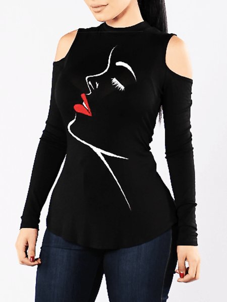 

Summer H-Line Simple Crew Neck Abstract Long sleeve Daily T-Shirt, Black, Tees