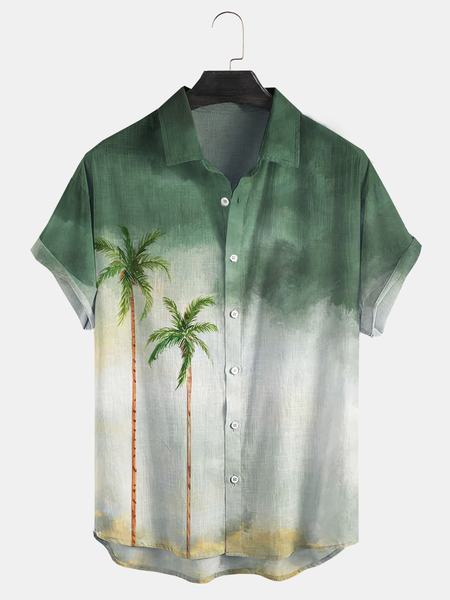 

Cotton Linen Botanical Floral Print Lapel Cozy Linen Shirt, As picture, Men's Floral shirt