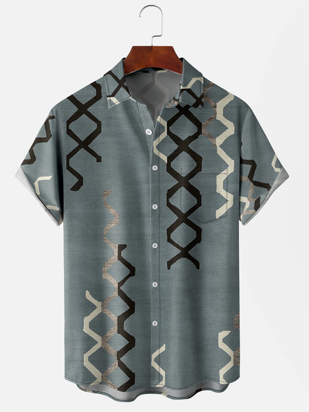 

Men's Geometric Abstract Floral Print Moisture-Breathable Fabric Hawaiian Lapel Short Sleeve Shirt, Blue, Men's Floral shirt