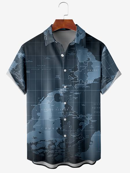 

Men's Map Print Wrinkle Resistant Moisture Wicking Fabric Fashion Lapel Short Sleeve Shirts, Blue, Men's Floral shirt