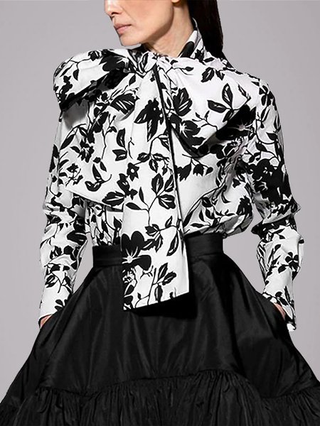 

Long Sleeve Loose Elegant Work Top, Black-white, Tops