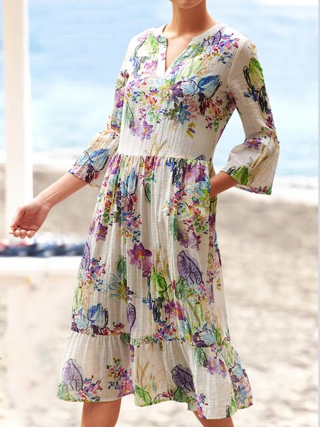 

Elegant V Neck Ruffled Sleeves Floral Dresses, Multicolor, Midi Dresses