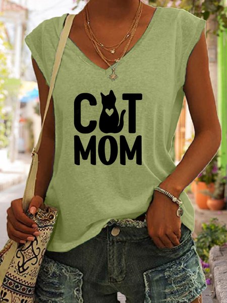 Cat Mom Print V-neck Tank Top, Green, Tank Tops