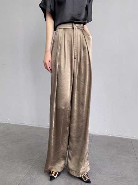 

Plain Fit Simple Fashion Pants, Coffee, Wide Leg Pants