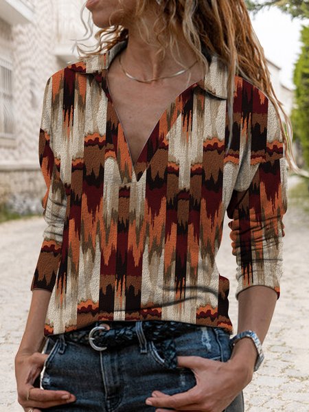 

Vintage gradient stripe loose polo collar T-shirt plus size, Multicolor, Shirts & Blouses
