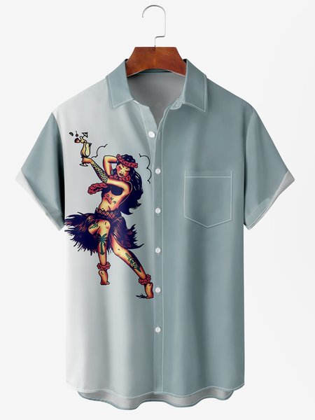 

Men's Gradient Hula Girl Print Anti-Wrinkle Moisture Wicking Fabric Fashion Lapel Short Sleeve Shirt, Blue, Men's Floral shirt
