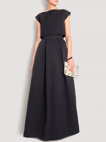 

Elegant Plain Loosen Daily Two Piece Set, Black, Dress&Skirts Set