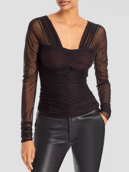 

Urban V Neck Plain Ruched Long Sleeve Top, Black, Tees