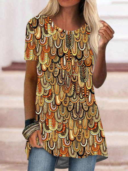 

Casual Vintage Colorful Print Crew Neck Short Sleeve T-Shirt, Yellow, T-Shirts