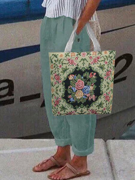 

JFN Vintage Cotton Linen Floral Shoulder Bag Large Capacity Tote Zip Canvas Bag, As picture, Women's Bags