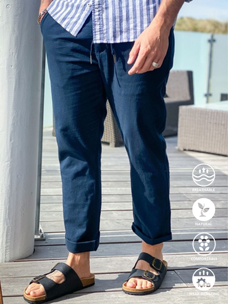 

Cotton Linen Style American Casual Basic Multifunctional Linen Trousers, As picture, Men's pants