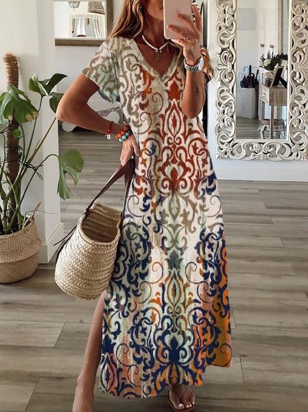 

Casual V Neck Ethnic Fit Short sleeve Dress, Multicolor, Dresses