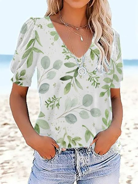 

V Neck Floral Casual T-Shirt, Green, Tees & T-shirts