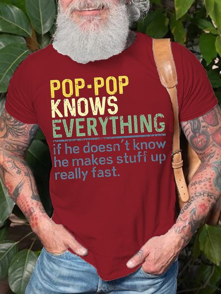 

Mens Grandpa Pop Pop Knows Everything Cotton Crew Neck Casual T-Shirt, Red, T-shirts