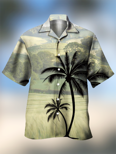 

Mens Landscape View Coconut Tree Print Front Buttons Soft Breathable Loose Casual Hawaiian Shirts, Green, Men's Floral shirt