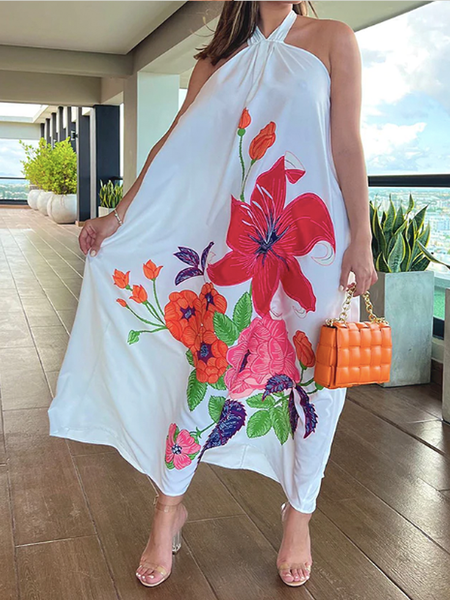 

Summer A-Line No Elasticity Floral Sleeveless Dresses, White, Maxi Dresses