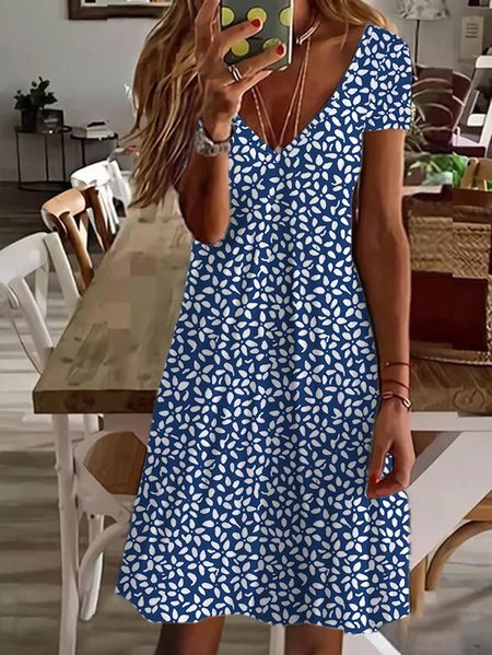 Women's Casual Dress Floral Print short Sleeve V Neck Streetwear Daily Holiday Spandex Jersey Summer Blue Dress, Short