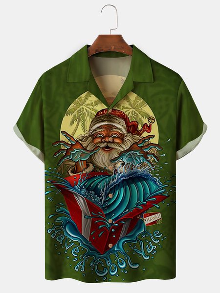 

Men's Santa Print Casual Fabric Fashion Lapel Short Sleeve Shirt, Green, Men's Floral shirt