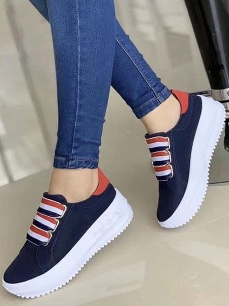 

JFN Striped Contrast Portable Slip-On Platform Sneakers, Blue, Creepers & Wedges