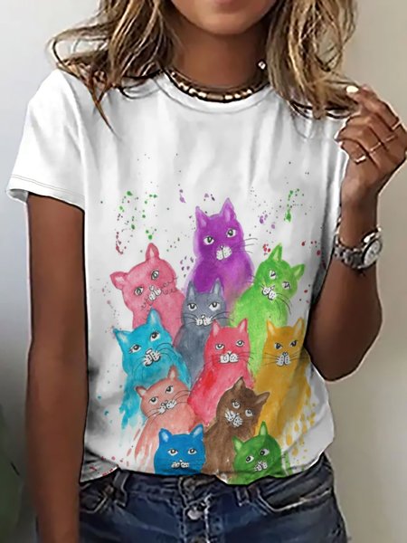 

Women Funny Cat Animal Simple T-Shirt, White, T-shirts