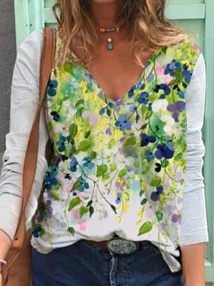 

Leaf Pattern V Neck Casual Fit Long sleeve T-Shirt, White, T-Shirts