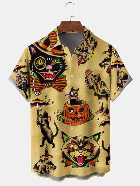

Men's Halloween Fun Cat Print Casual Breathable Hawaiian Short Sleeve Shirt, Khaki, Men's Floral shirt