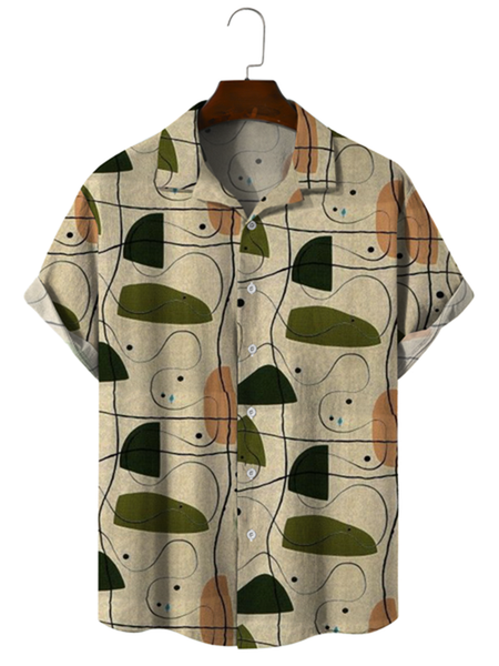 

Cozy Linen Shirt Cotton Linen Style Geometric Striped Cozy Linen Shirt, As picture, Men's Floral shirt