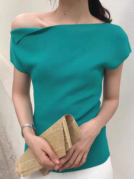 

Summer H-Line Short sleeve Fit Plain High Elasticity Daily Sweater, Green, Pullovers