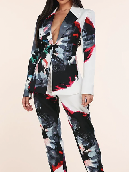 

Autumn Long sleeve Shawl Collar Abstract H-Line Commuting Blazer, White, Blazers