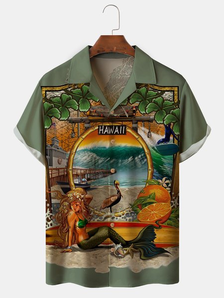 

Men's Mermaid Print Casual Fabric Fashion Lapel Short Sleeve Shirts, Green, Men's Floral shirt