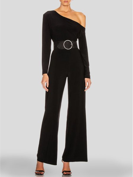 

Long sleeve Plain One Shoulder Urban Jumpsuit & Romper, Black, Wide Leg Pants