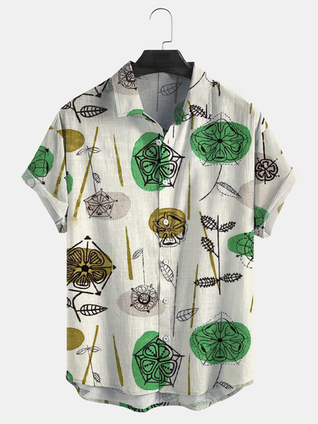 

Cotton and linen botanical floral print lapel comfortable linen shirt, As picture, Men's Floral shirt