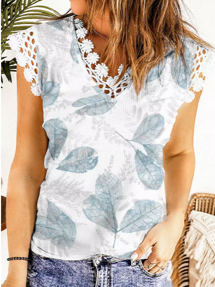 

Leaf Cotton-Blend V Neck Tops, White, Tanks & Camis