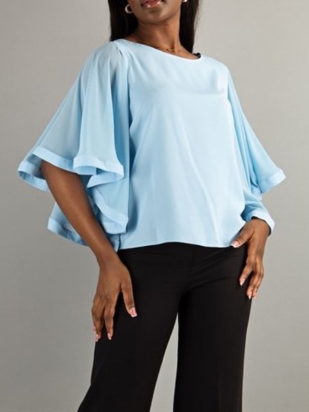 

Summer Short sleeve H-Line Plain Loose Crew Neck Daily Tops, Blue, Tops