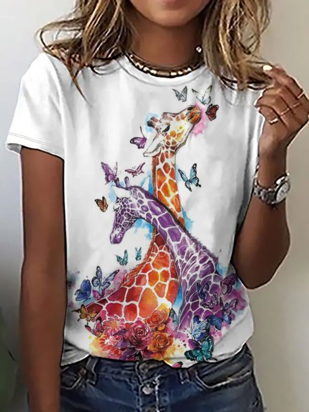 

Women Funny Colorful Giraffe Crew Neck Simple Animal T-Shirt, White, T-shirts