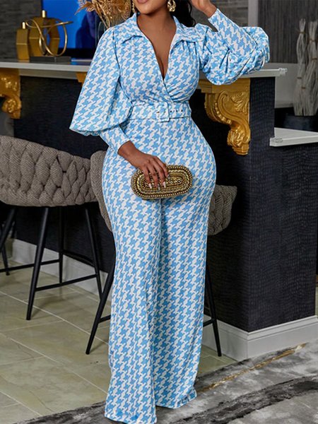 

Elegant Shawl Collar Fit Houndstooth Jumpsuit, Blue, Wide Leg Pants