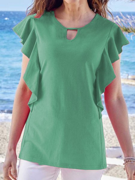 

Plain Crew Neck Cotton-Blend Tops, Green, Tanks & Camis