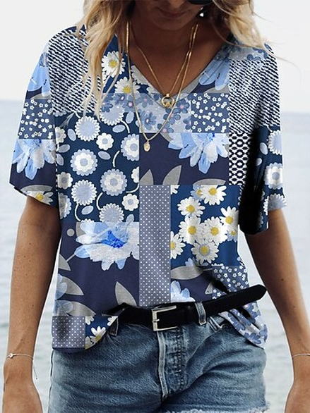 

Floral Cotton-Blend Casual Loose T-Shirt, Multicolor, T-Shirts